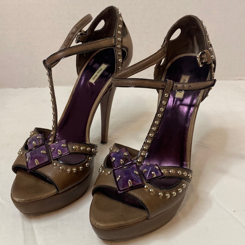Miu Miu heels, brown with silver studs and purple jewels